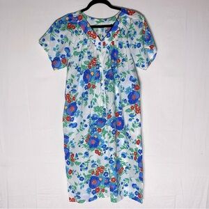 Vintage Blue Red Floral Nightgown Sleep Dress Pajamas M
